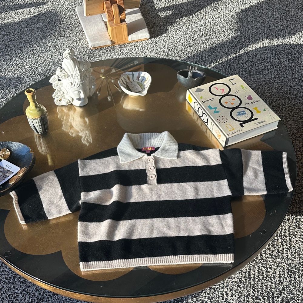 Sabrina THML Striped Black and Cream Polo Sweater Cashmere Wool Summer Soft